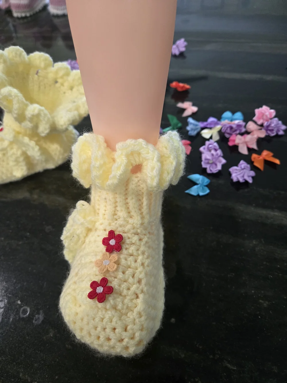 Handmade Yellow Crochet Baby Booties with Floral Appliqués